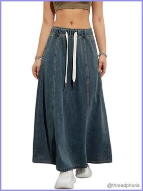 Flare Maxi Denim Skirt High Waist A-Line Long Jean Skirt with Pockets